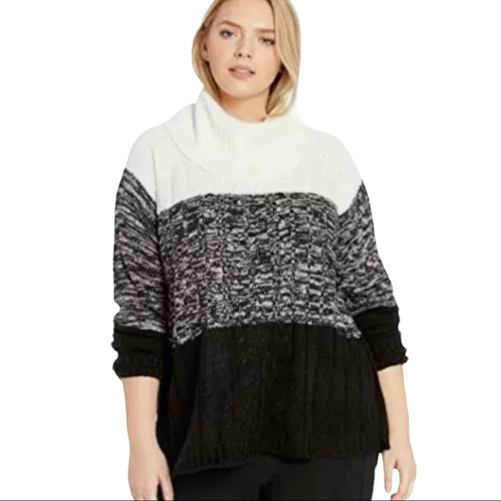Women's Plus Size Block Cowl Neck Pullover Sweater